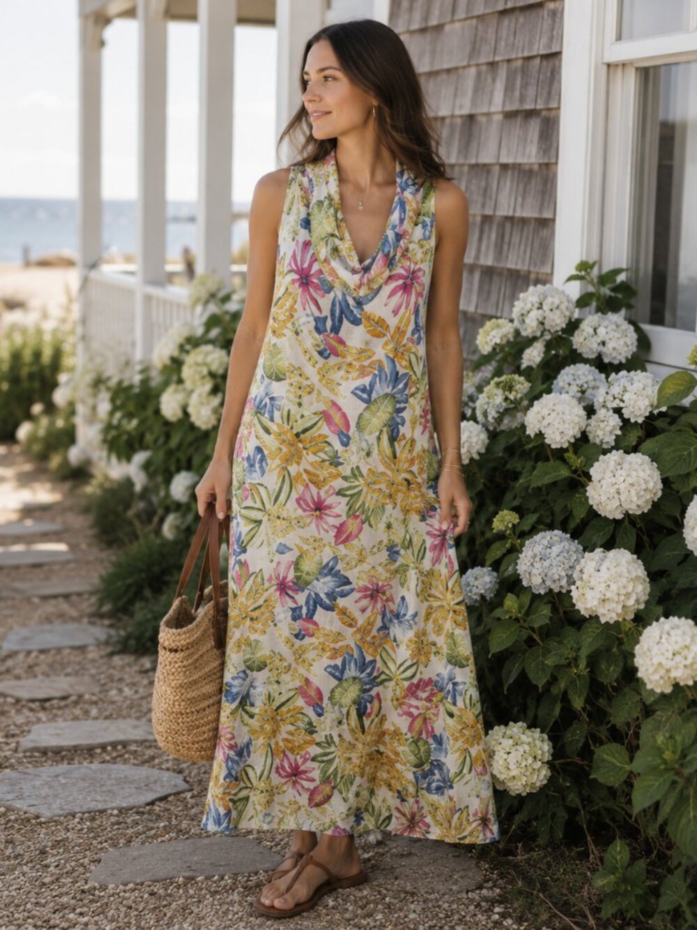 Francesca Bettini Linen Floral Sleeveless Long Maxi Dress